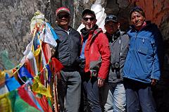23 Gyan Tamang, Jerome Ryan, Tibetan Guide Ngawang, Local Guide Tashi At 13 Golden Chortens On Mount Kailash South Face On Mount Kailash Inner Kora Nandi Parikrama I happily reached the 13 Golden Chortens (5822m) in the Saptarishi Cave in the Mount Kailash South Face at 11:30, 4:45 after starting the trek at Selung Gompa. Here is our team photo: Nepalese Guide Gyan Tamang, Jerome Ryan, Tibetan Guide Ngawang, and Local Guide Tashi.
